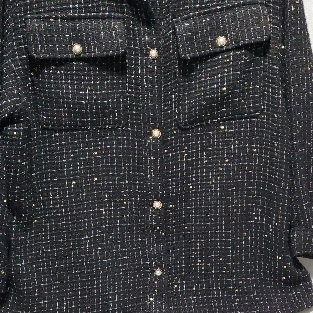 Lane Bryant Black Tweed Shacket with Metallic threads and pearl buttons. - Picture 5 of 5